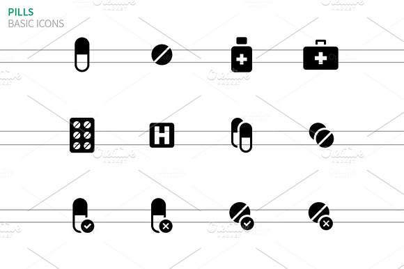 Pills Medication Icons On White