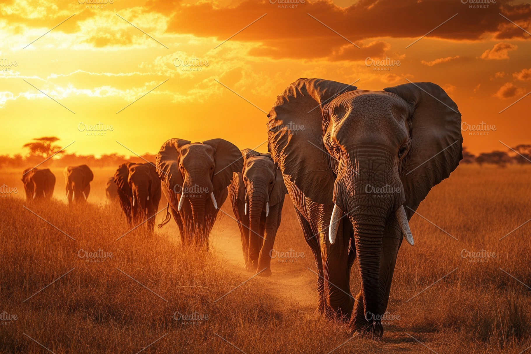 A powerful elephant guides its herd, a Photo by Pavel_design