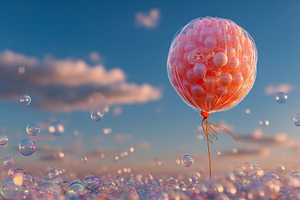 Surreal balloon made of clustered red spheres wrapped in plastic, a Decorative Illustration by José Manuel Gelpi