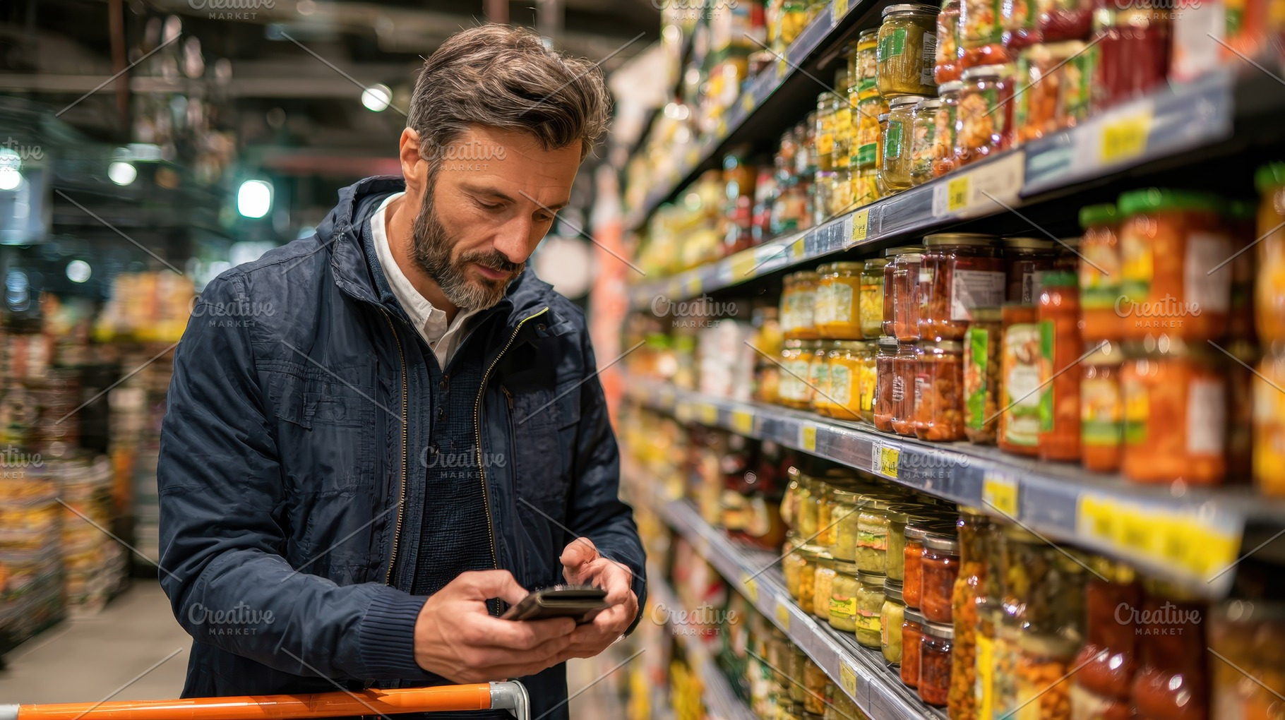 Man using phone grocery shopping pre, a Photo by Pixeness Studio