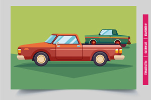 Red pickup hauls green car, an Illustration by Tanuart