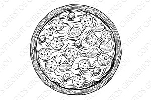 Woodcut Pizza Vintage Line Art, a Food Illustration by Christos Georghiou