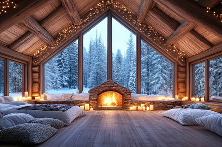 Cozy cabin with a stone fireplace, Christmas stockings, and twinkling lights on, a Holiday Photo by Mashimara