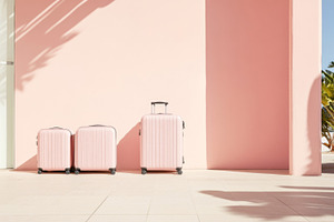 Travel themed image with pink suitcases near a pastel building b, a Photo by Dvoevnore photos