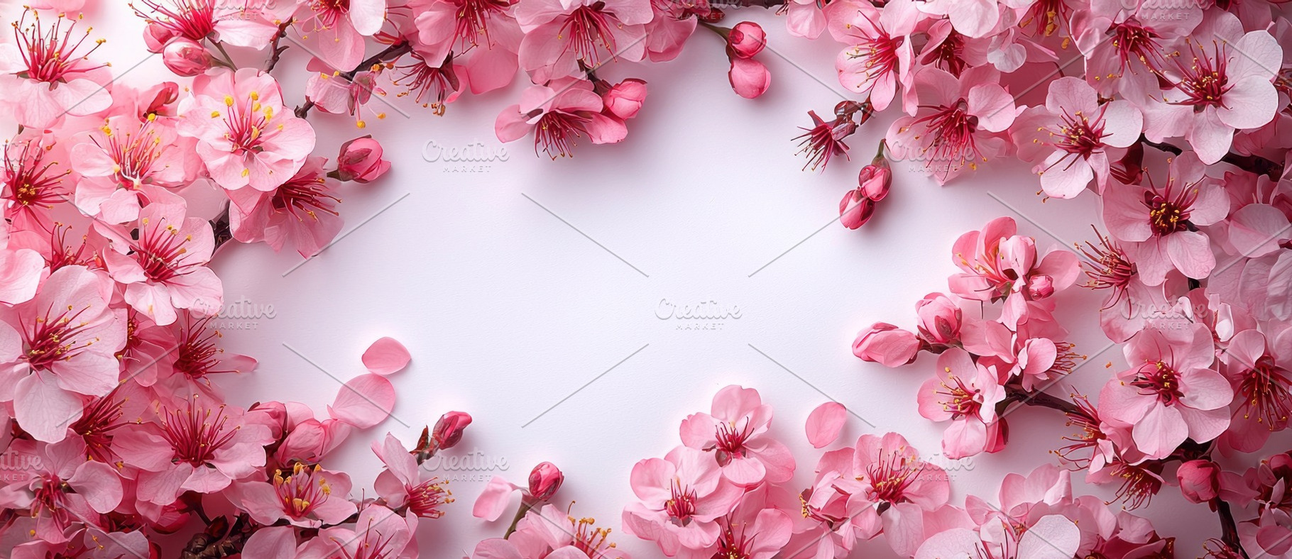 Pink cherry blossoms arranged in a floral frame with delicate pe, a Nature Photo by José Manuel Gelpi