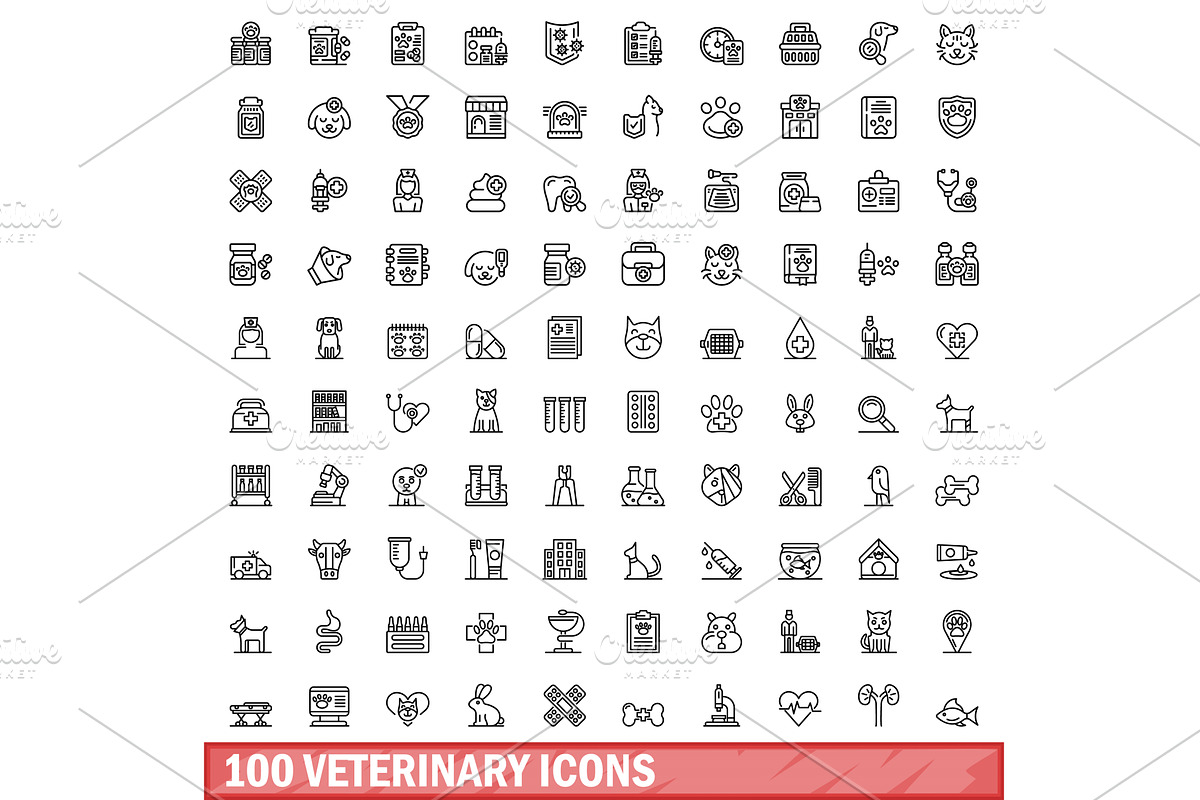 100 veterinary icons set, outline, a Healthcare Illustration by Ylivdesign