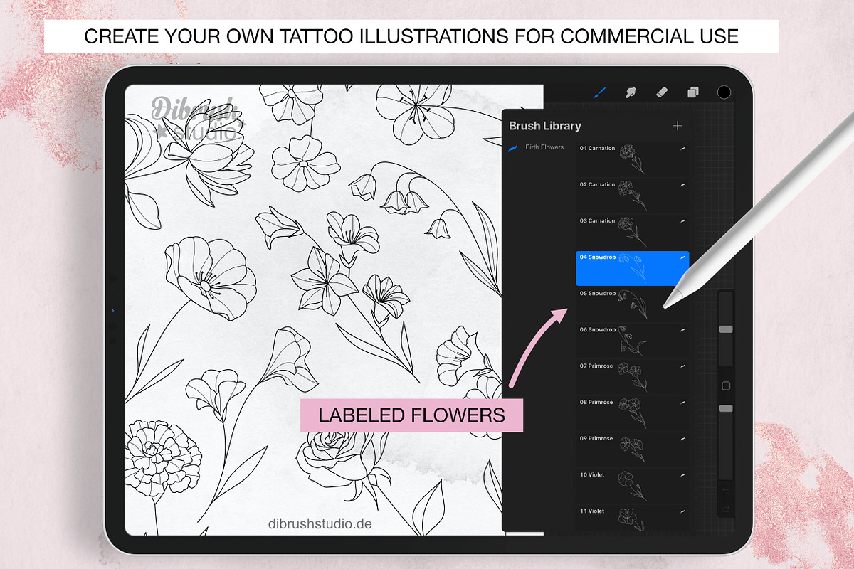 Procreate Birth Flowers Tattoo, a Brushes & More by DiBrush Studio (Photo 2 of 5)