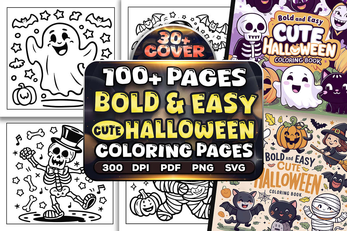 Easy Cute Halloween Coloring Pages, a Seasonal Illustration by Craftsbeefy (Photo 1 of 4)