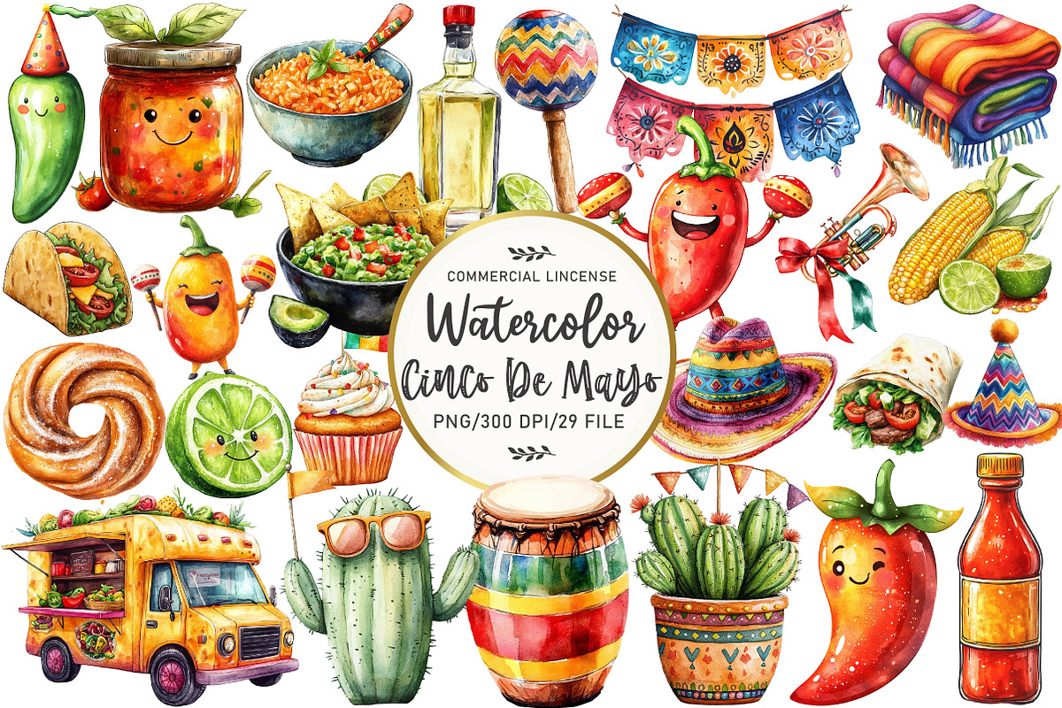 Watercolor Cinco De Mayo Clipart, an Illustration by OK Design (Photo 1 of 5)