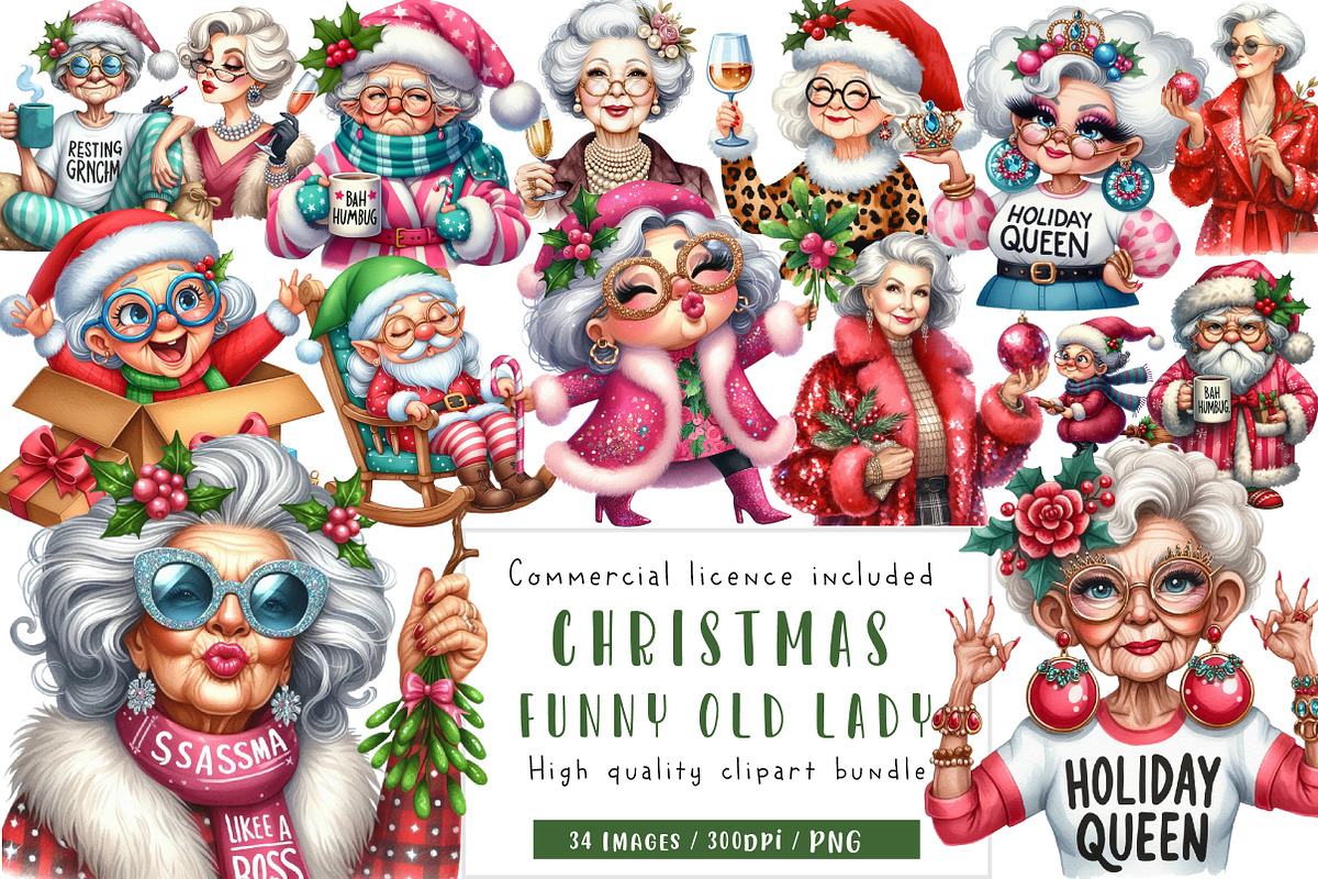 Funny Old Lady Christmas Sublimation, an Illustration by CreationArt (Photo 1 of 6)