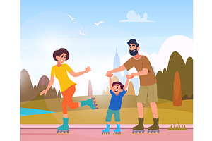 Family skating. parents and kids, an Illustration by Onyx