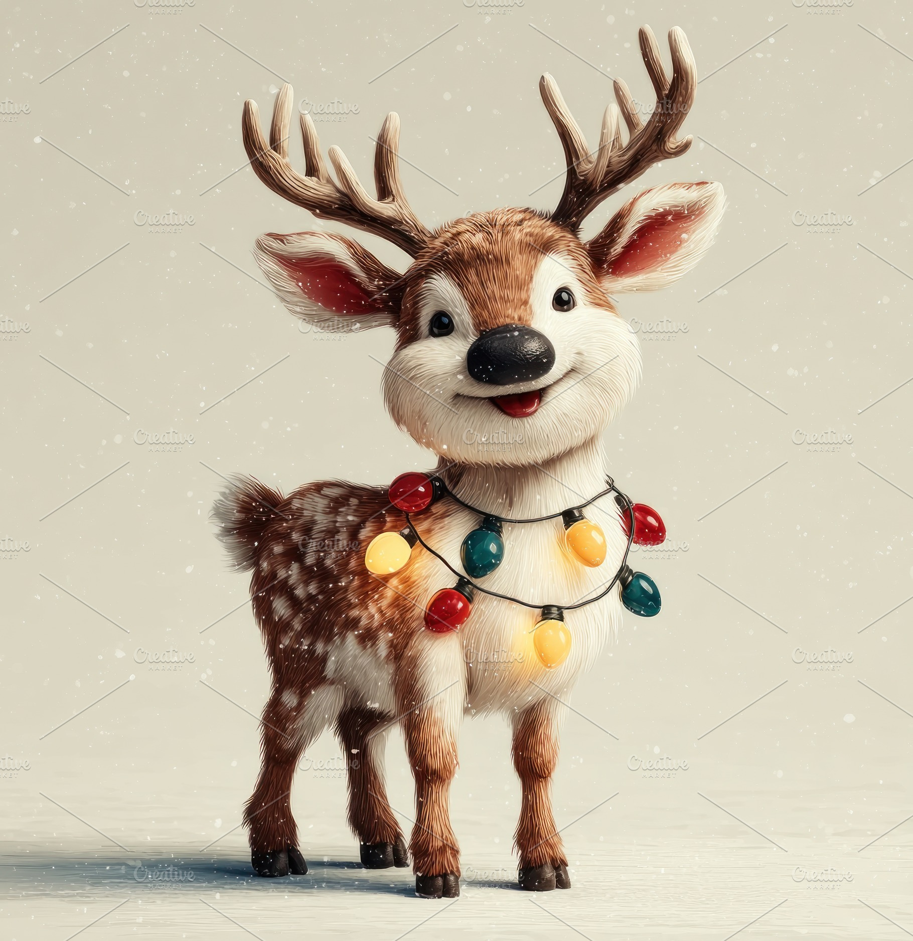Adorable cartoon reindeer with Christmas lights around neck stan, a Nature Photo by José Manuel Gelpi