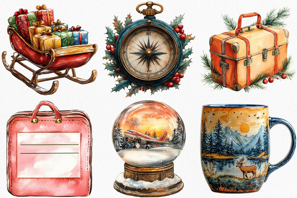 Watercolor Christmas Travel Clipart, an Illustration by Canvas Craft (Photo 2 of 7)