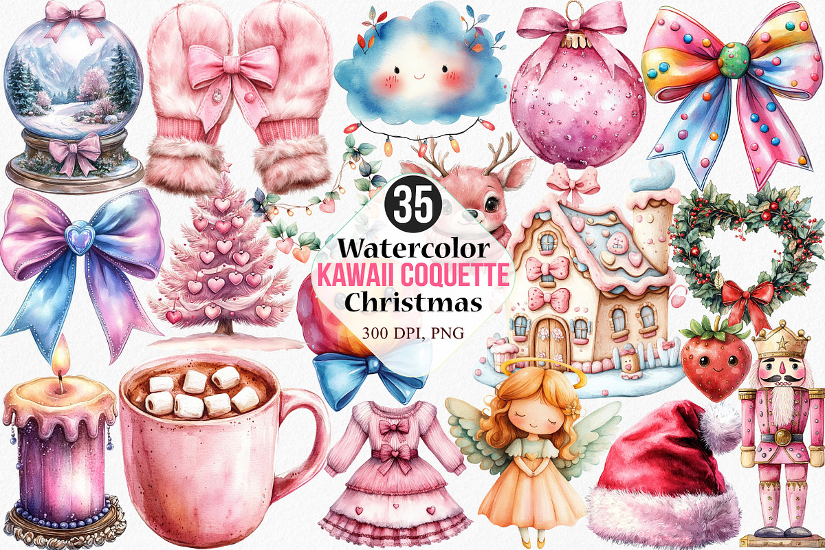 Watercolor Kawaii Coquette Christmas, an Illustration by Canvas Craft (Photo 1 of 7)
