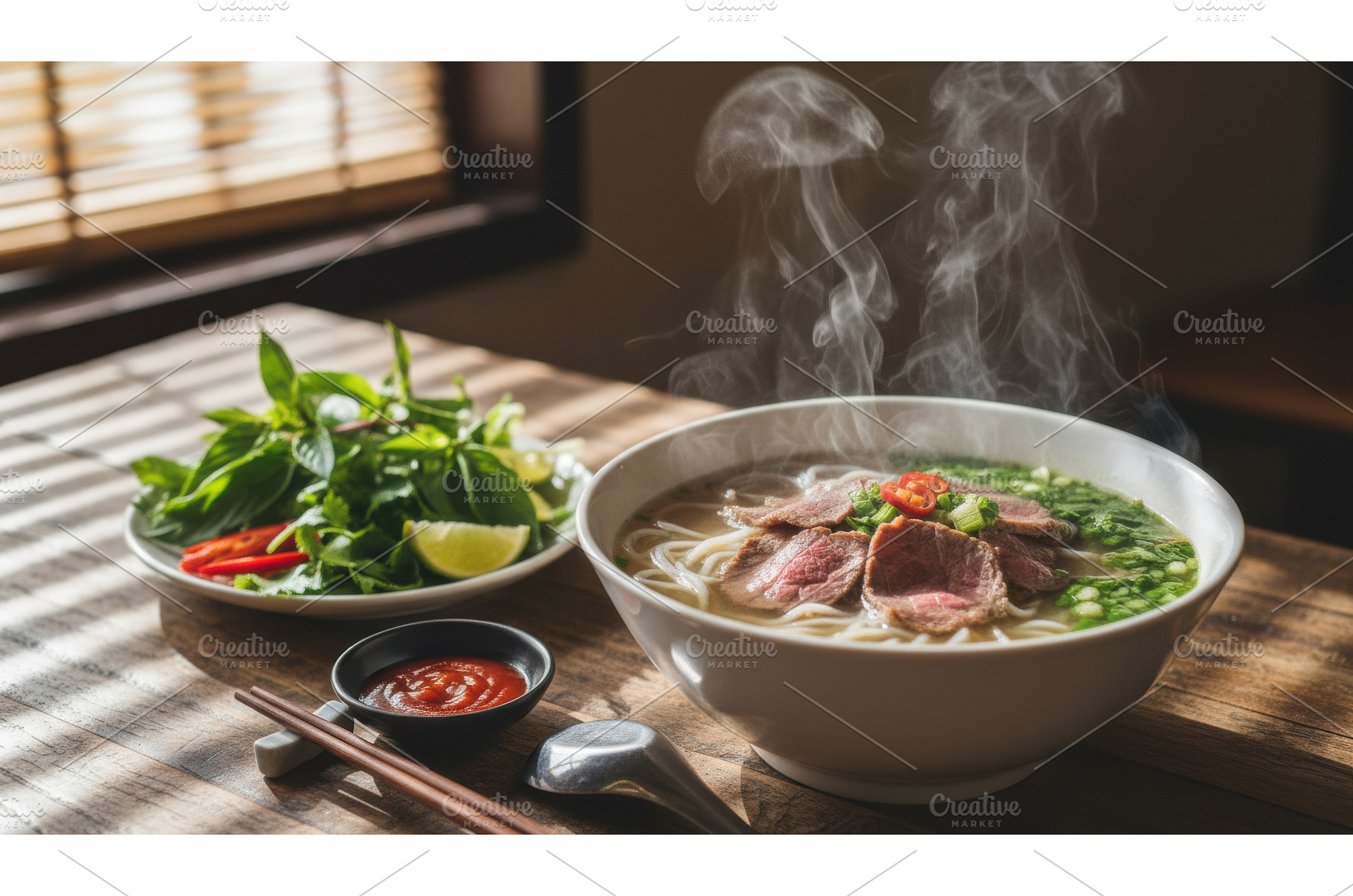 Steaming bowl of Pho soup with, a Food & Drink Photo by Igor Tichonow