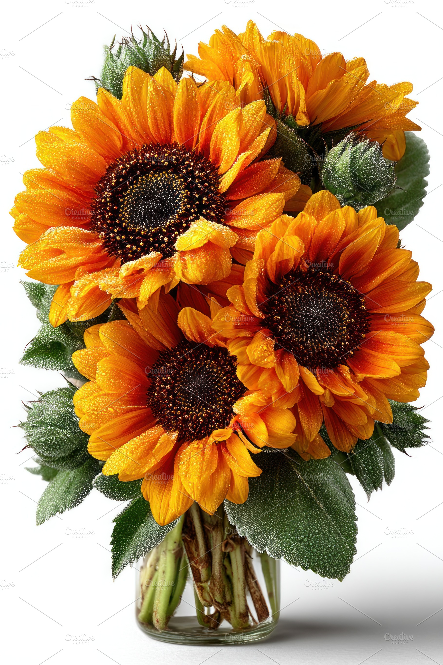 Bright sunflower bouquet with dewdrops in a glass vase isolated, a Nature Photo by José Manuel Gelpi