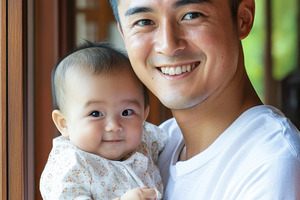 Father and baby bonding inside, a Photo by Beautiful things