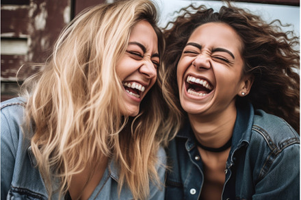 shot of two female friends laughing, a Person Photo by Sergey Kotenev