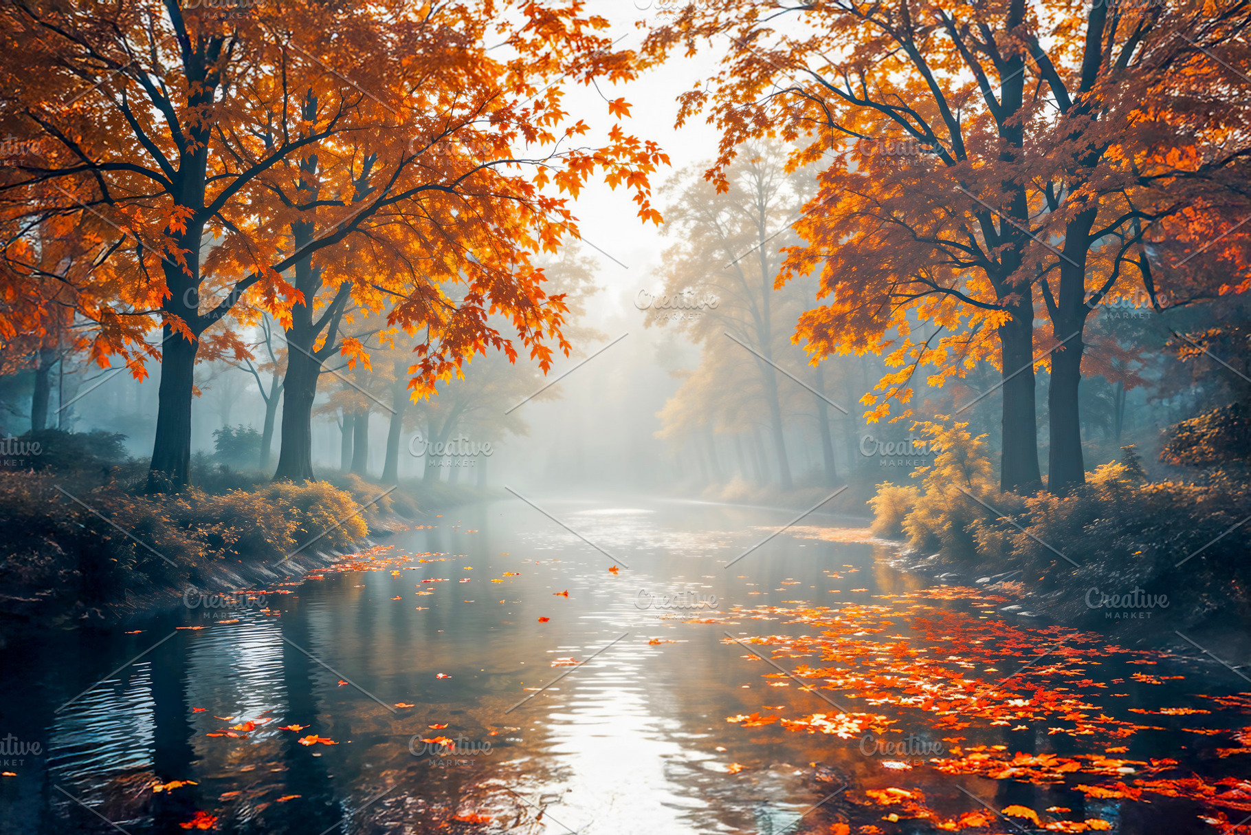 Misty autumn forest with a river, a Photo by rarrarorro
