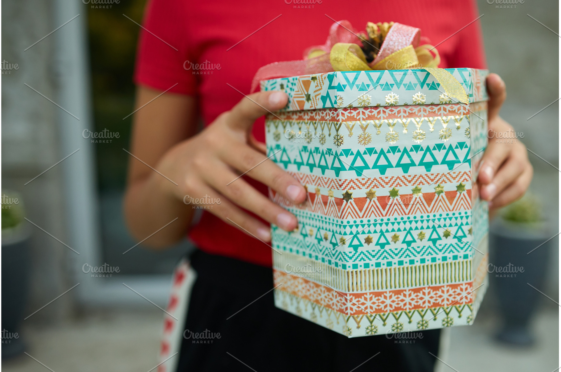 Child holding a wrapped gift outside, a Holiday Photo by IlliaBondarPhotography
