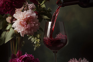 Red wine pouring into a glass, creating a romantic still life with vibrant peon, a Food & Drink Photo by Studio ANNA