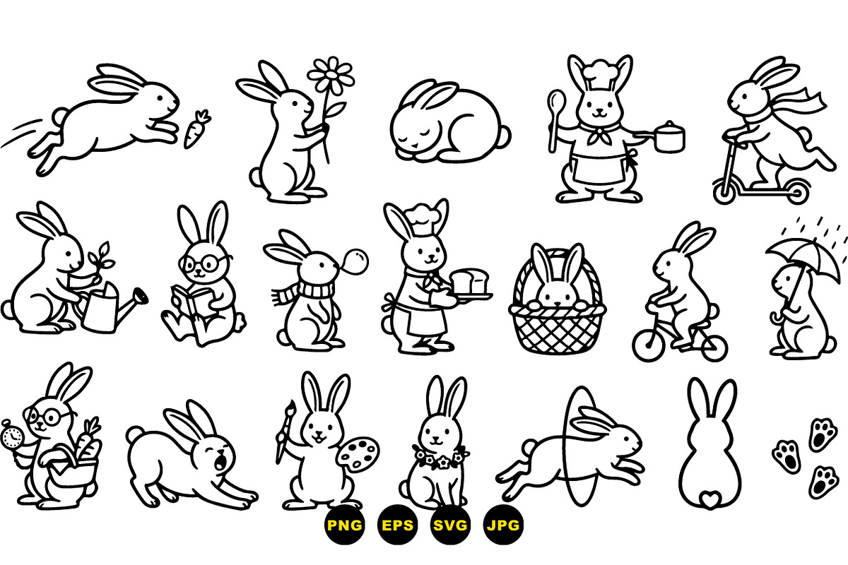 Cute Bunny Line Art Set, an Illustration by designvectx (Photo 3 of 3)