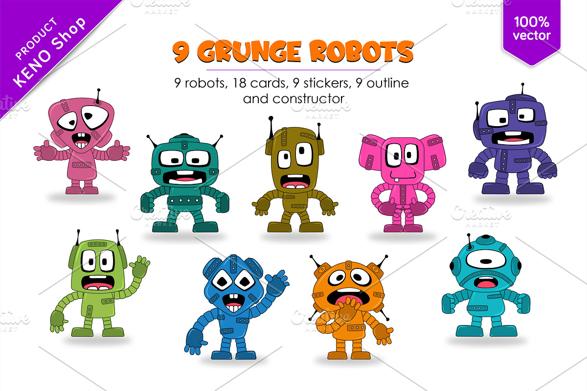 9 Funny cartoon robots. Tshirt, PNG., an Animal Illustration by KENO Mascots (Photo 1 of 5)