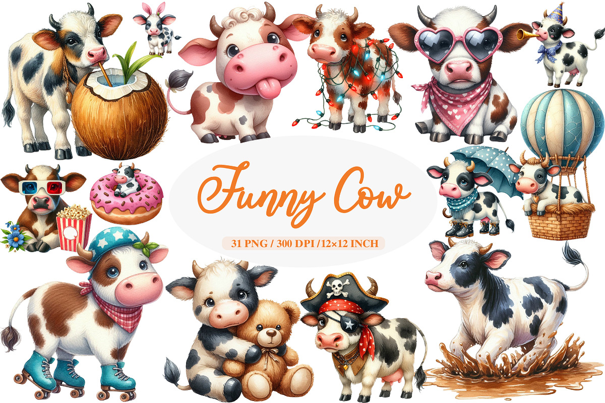 Watercolor Funny Cow Clipart, an Illustration by Daily.Designs (Photo 1 of 5)