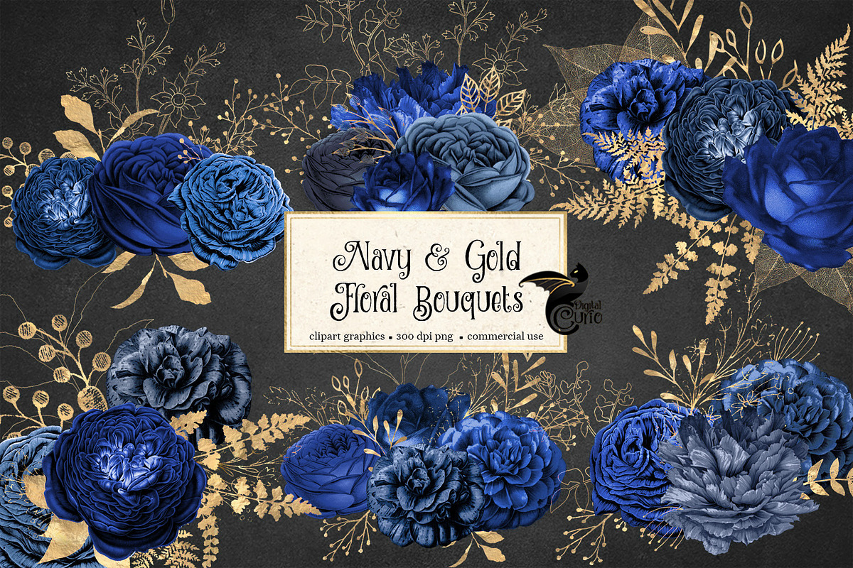 Navy and Gold Floral Bouquets, an Illustration by Digital Curio (Photo 1 of 2)