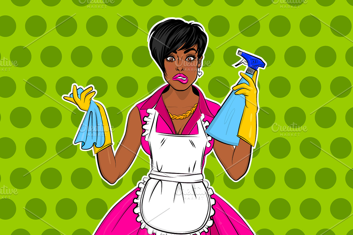 Black cute pop art woman cleaning, an Illustration by Kapitosh