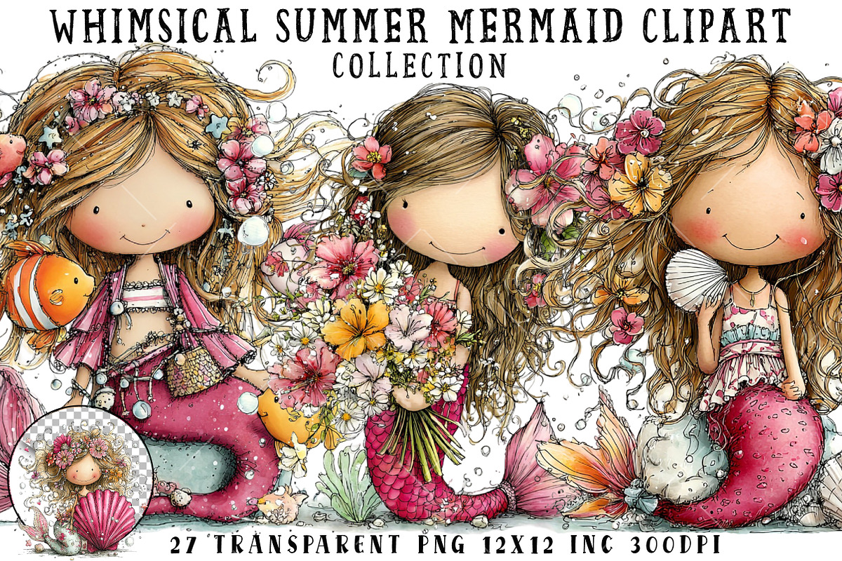 Whimsical Summer Mermaid Clipart, an Illustration by OK Design (Photo 1 of 6)