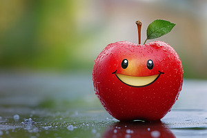 Happy red apple on blurred rainy, a Food & Drink Photo by MistyDay