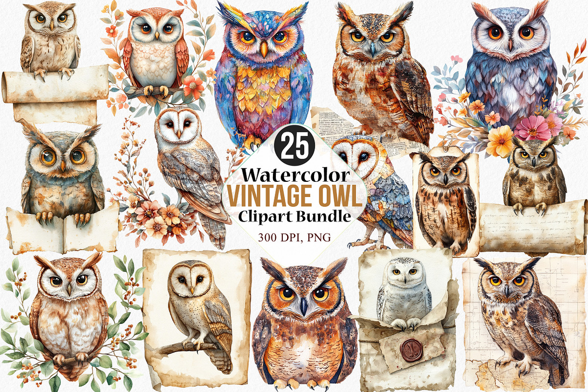 Watercolor Vintage Owl Clipart, an Illustration by Canvas Craft (Photo 1 of 6)