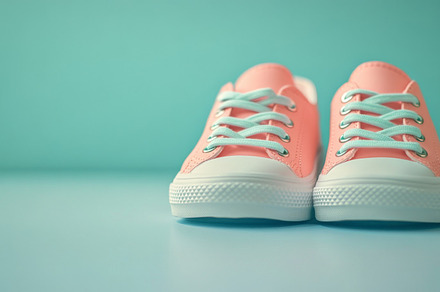 Children sneakers against color minimalistic background, a Photo by Dvoevnore photos