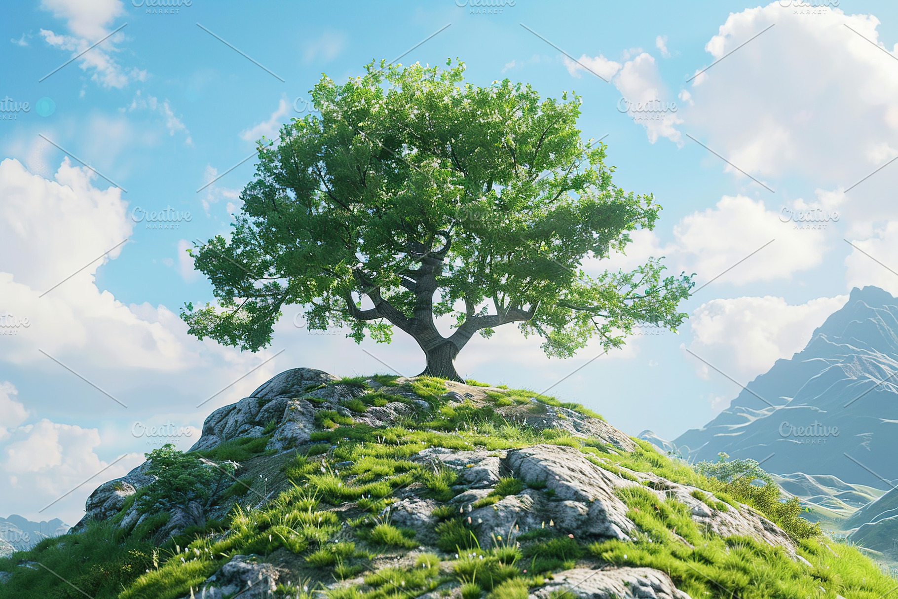 Green tree on green field on a hill, a Nature Photo by AlyaAnd