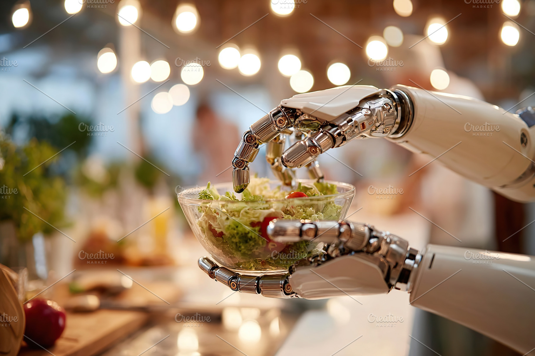 Humanoid robot assisting in salad preparation in a modern kitchen setting, a Photo by AlyaAnd