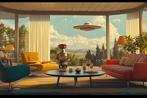 A futuristic living room featuring a colorful design with a yellow and red sofa, an Arts & Entertainment Photo by Textures & Backgrounds