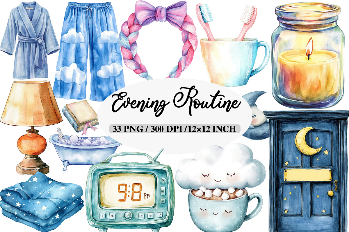 Watercolor Evening Routine Clipart, an Illustration by Daily.Designs (Photo 1 of 5)