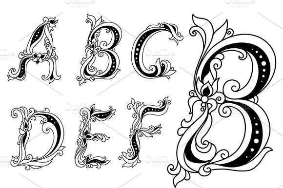 Floral Font Letters A B C D E F
