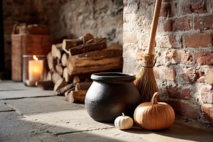 Cozy autumn decorations in a rustic setting with pumpkins, broom, and firewood, a Photo by AlyaAnd