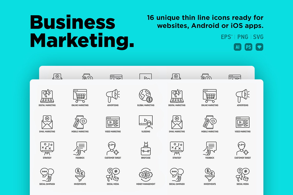Business Marketing | 16 Icons Set, an Outline Icon by Alex Blogoodf (Photo 2 of 15)