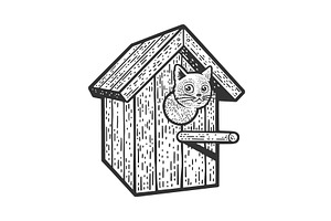 Cat In Birdhouse Sketch Vector