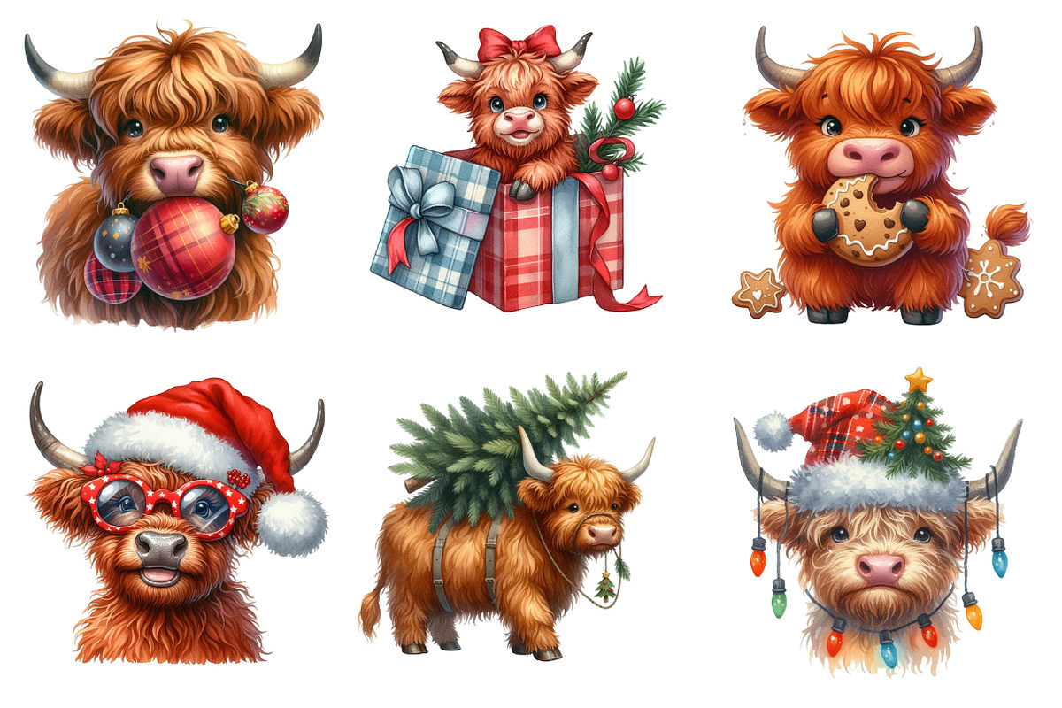 Christmas Highland Cow Clipart, an Illustration by SinaCreation (Photo 4 of 7)