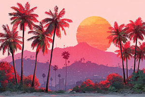 Palm trees and vibrant sunset over city skyline with pink mounta, a Nature Photo by José Manuel Gelpi