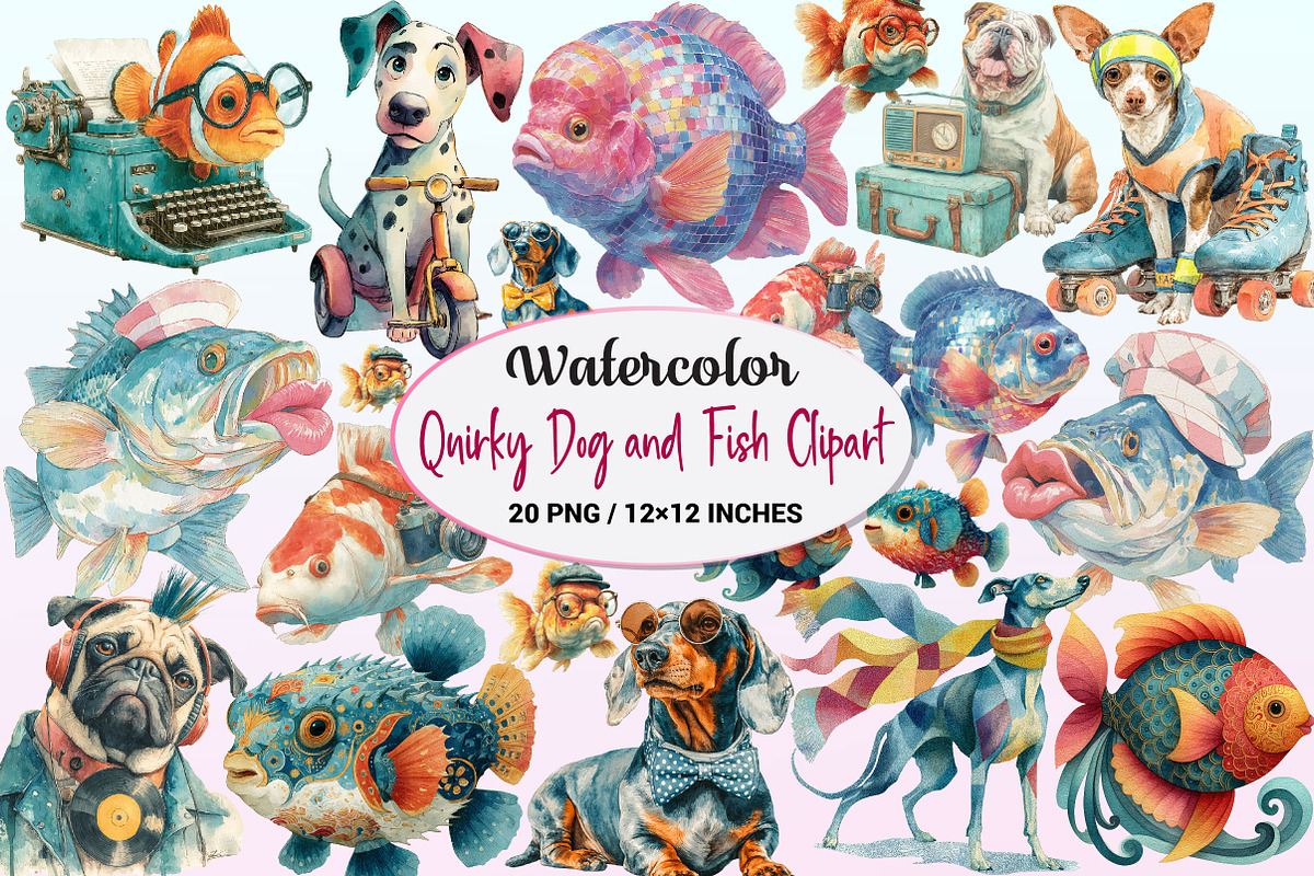 Quirky Dog and Fish Clipart, a Graphic by CitraGraphics (Photo 1 of 4)