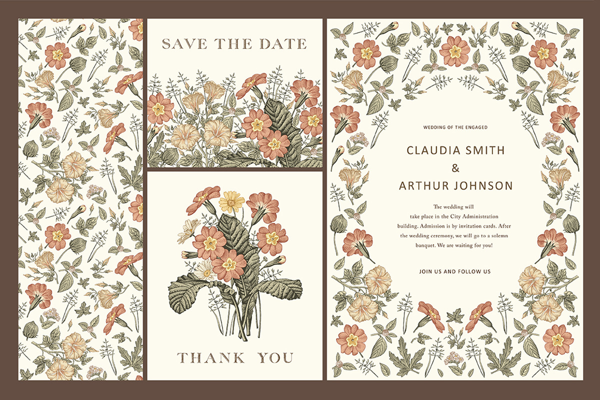 3 Wedding Cards + Seamless Pattern, an Object Graphic by Vintage (Photo 1 of 14)