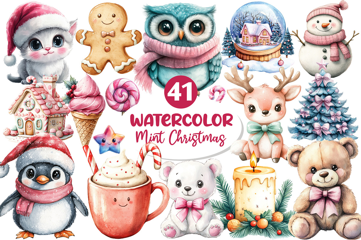 Kawaii Pink Mint Christmas Clipart, an Illustration by Dream Creation (Photo 1 of 4)