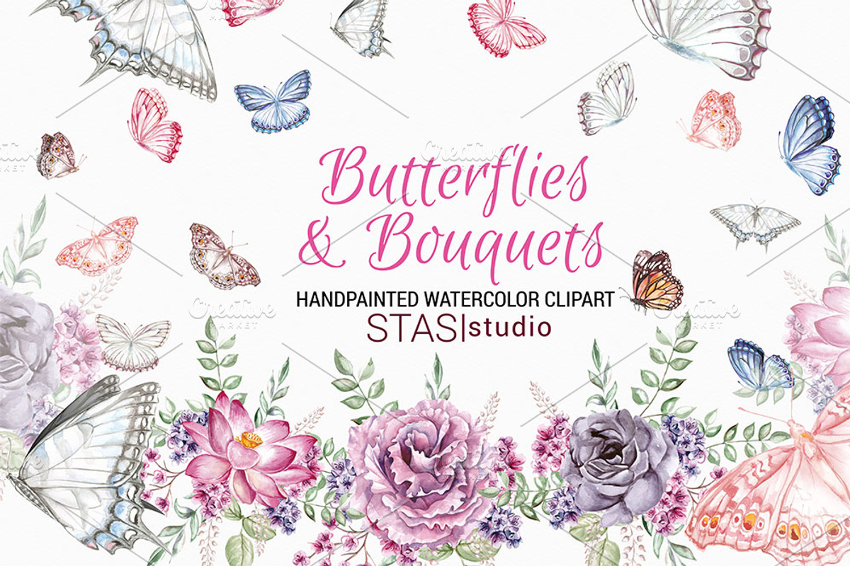 Butterfly & Pink Floral Clipart, a Decorative Illustration by STASIstudio (Photo 1 of 3)