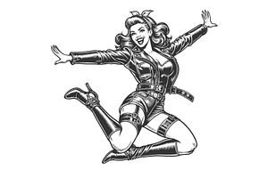 Retro Pin-Up Girl Jumping in Joy, a Person Illustration by AlexArt