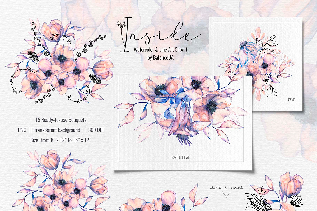 Inside Watercolor Floral Clipart, a Decorative Illustration by BalanceUA (Photo 3 of 19)